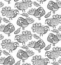 Vector decorative seamless pattern with birds and feathers. Hand drawn vintage black and white doodle  birds seamless background Royalty Free Stock Photo