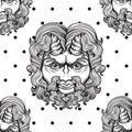 Vector decorative seamless pattern with Pan, ancient Greek mask. Ancient ethnic symbol of Greece in black and white colors. Royalty Free Stock Photo