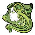 Vector decorative spring portrait of shaman girl with green long