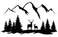 Vector deer and the mountains. Nature background.