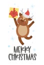 Vector deer in red hat with present and snowflakes. Cute winter animal illustration. Funny Christmas card design. New Year print Royalty Free Stock Photo