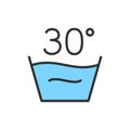 Vector delicate laundry, 30 degrees washing temperature flat color line icon. Royalty Free Stock Photo