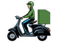 Delivery man courier riding old scooter Royalty Free Stock Photo