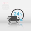 Vector delivery truck 24h icon in flat style. 24 hours fast delivery service shipping sign illustration pictogram. Car van Royalty Free Stock Photo