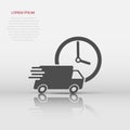 Vector delivery truck 24h icon in flat style. 24 hours fast delivery service shipping sign illustration pictogram. Car van Royalty Free Stock Photo