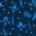 Vector denim floral seamless pattern. Faded jeans background with crocus flowers. Blue jeans cloth background