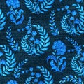 Vector Denim floral seamless pattern. Faded jeans background with fantasy flowers. Blue jeans cloth background