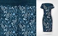 Vector denim floral seamless pattern on realistic dress mockup.