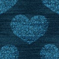 Vector denim romantic seamless pattern. Faded jeans background with zentangle hearts. Blue jeans cloth background Royalty Free Stock Photo