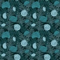 Vector dense flowers and leaves seamless pattern in green and black