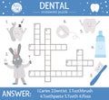 Vector dental care crossword puzzle. Mouth hygiene quiz for children. Educational medical activity with cute dentist, tooth,