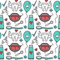 Vector Dental care seamless pattern. Set Symbols for kids in cartoon style.