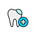 Vector dental filling, cured tooth flat color line icon.