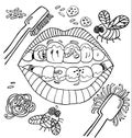 Vector dental hygiene humour with mouth showing dirty teeth with worms and plaque and vegetables. Black and white