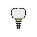 Vector dental implant, tooth crown flat color line icon.