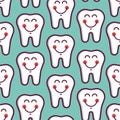Vector dental seamless pattern cute smiley white teeth on the light blue background