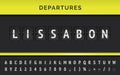 Vector Departure flip board with destination in Lissabon. Airport terminal panel with flight font