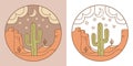 Vector desert Arizona emblems with cactuses and moon stars illustration. Vectror night American landscape cactuses