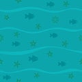 Seamless blue pattern with waves, fish and seaweed Royalty Free Stock Photo