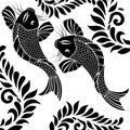 Vector design art of black fish with leafs bail around both the fish.