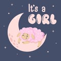 Vector design for baby showers. Pink sheep sleeps on the moon. The inscription It's a girl. Pink Planet.
