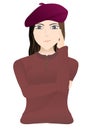 character vector design of beautiful woman in purple hat (beret) and brown shirt, isolated on white background