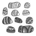 Vector design black and white illustration of ornamental graphic lined stones
