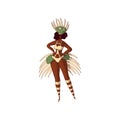 Vector design of Brazilian girl. Young Latino woman in bikini and headdress with feathers. Rio carnival. Samba dancer