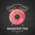 Vector design for breakfast menu, cafe, bakery. Donut and hand drawn alarm clock onblack board background.