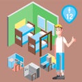 Isometric hostel bed room with man vector illustration