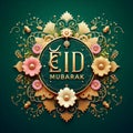 vector design, decorations and flowers, copie space, Lettering on gold "Eid Mubarak".