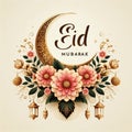 vector design, decorations and flowers, copie space, Lettering on gold "Eid Mubarak". Eid mubarak greeting card Royalty Free Stock Photo