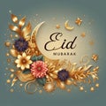 vector design, decorations and flowers, copie space, Lettering on gold "Eid Mubarak". Eid mubarak greeting card Royalty Free Stock Photo