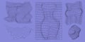 Vector design. Dynamic mesh patterns, wave-like distortions, and fluid deformations in deep blue on soft purple