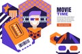 Vector design for cinema flyer, movie poster, entrance ticket or banner. Man in 3d glasses, cinema ticket illustration.