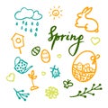 Vector design elements set with inscription Spring, birdhouse, flower, bug, rainy cloud, sun, easter eggs in a basket