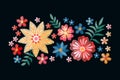 Vector design with embroidery colorful ethnic flowers. Embroidered composition for fashion prints