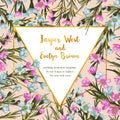 Vector design floral flower card. Natural botanical triangle golden geometric Frame: Pink and blue wax flowers with green leaves Royalty Free Stock Photo