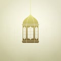 Design of golden muslim lantern on ancient mosque background with patterns