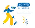 Vector with girl, Ukrainian flag and message NO WAR in UKRAINE. Global politics illustration in flat design style art