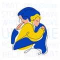 Vector illustration mother care child with lettering phrases STOP WAR in UKRAINE, LOVE, SAVE, HELP and pray. Global