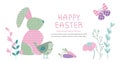 Happy Easter banner spring composition vector illustration with bunny, bird, flowers, floral and lettering in pastel