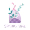 Happy Easter patchwork vector illustration with mail letter, bow, composition flowers, and lettering SPRING TIME in