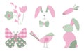 Spring Easter collection, set with bunny, bird, carrot, butterfly and flowers in pastel colors and tartan pattern. The