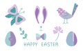 Spring Easter collection, set with bunny, bird, eggs, butterfly and flowers in pastel colors and tartan pattern. The