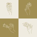 Vector design linear template logos or emblems - hands in in different gestures with flowers. Abstract symbol for Royalty Free Stock Photo