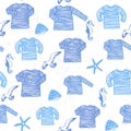 Ink hand drawn seamless pattern with seamen singlets, seashells, starfishes and seagulls