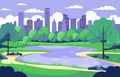 Vector Design of Pond with Trees in City Park with Cityscape Building in Purple Sky Royalty Free Stock Photo