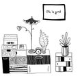 Vector design set: chest of drawers with aquarium