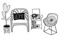 Vector design set:house plant, two armchairs and record player